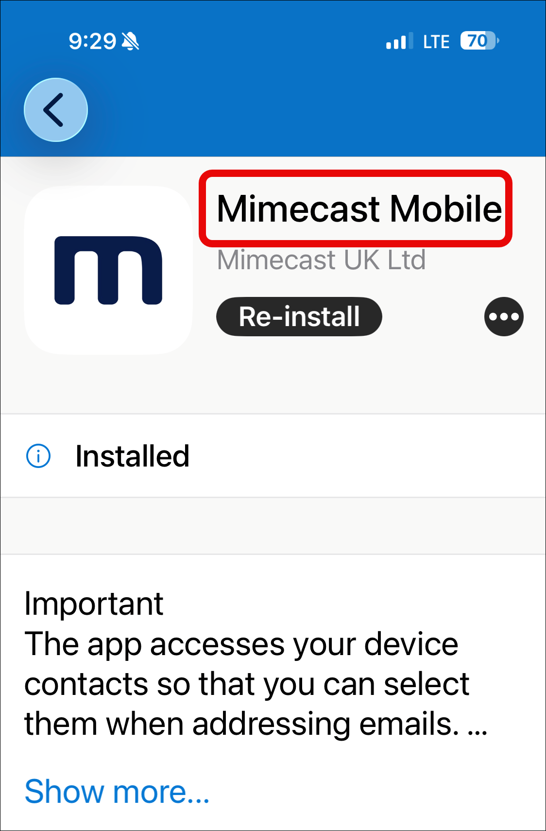 Mimecast Mobile app listing in Company Portal