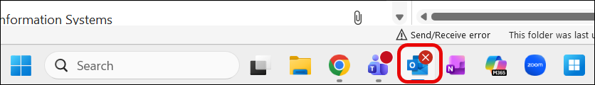 Outlook taskbar icon showing a red X indicating Mimecast email continuity is active